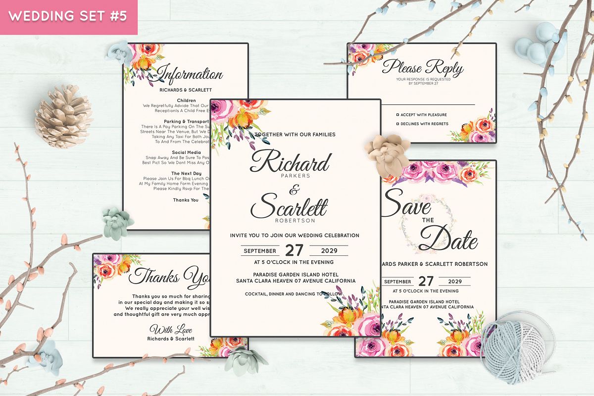 Wedding Invitation Set #5 Watercolor Floral Flower Style example image 1