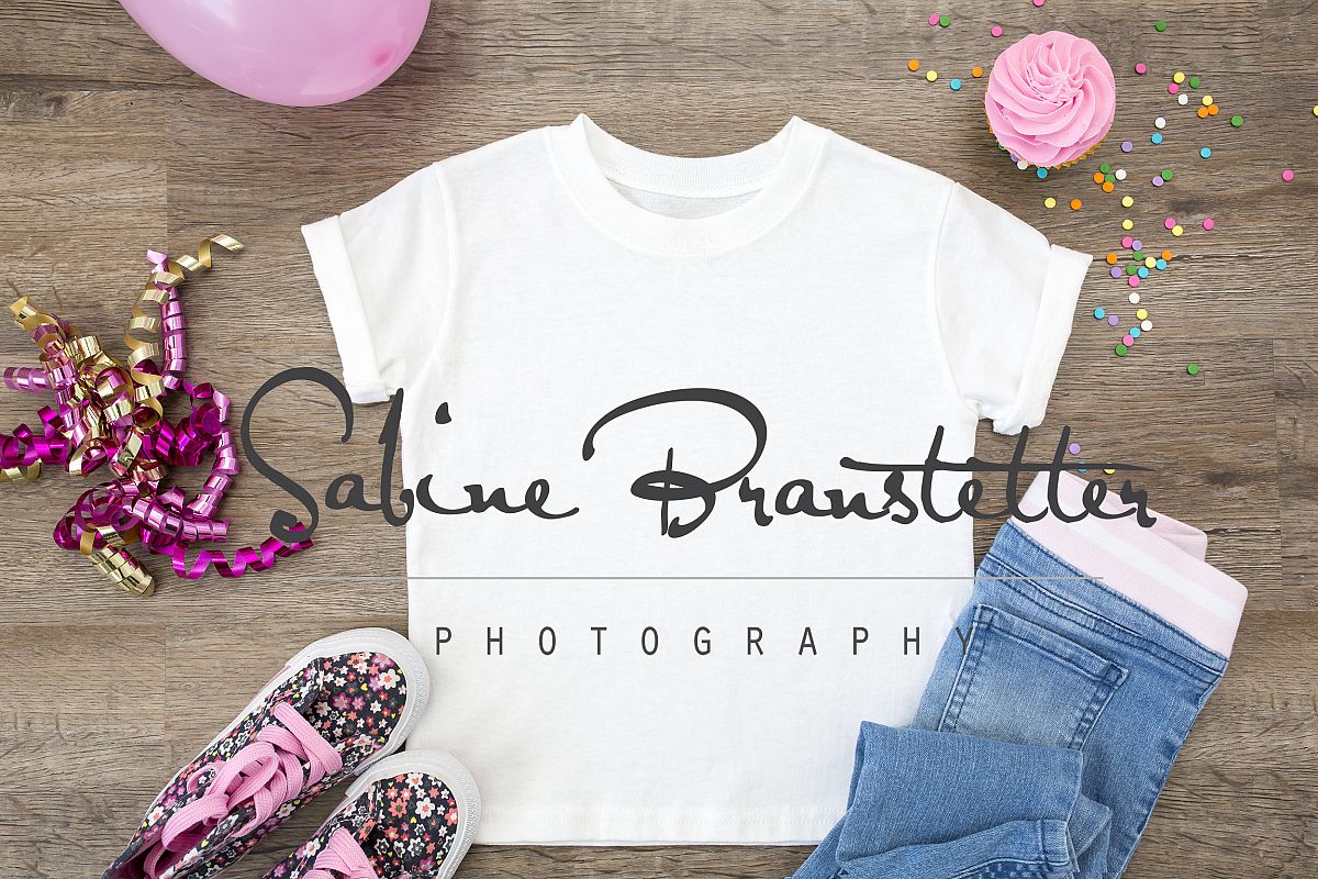 Styled Stock Photography Girl's White Birthday Shirt Mockup example image 1