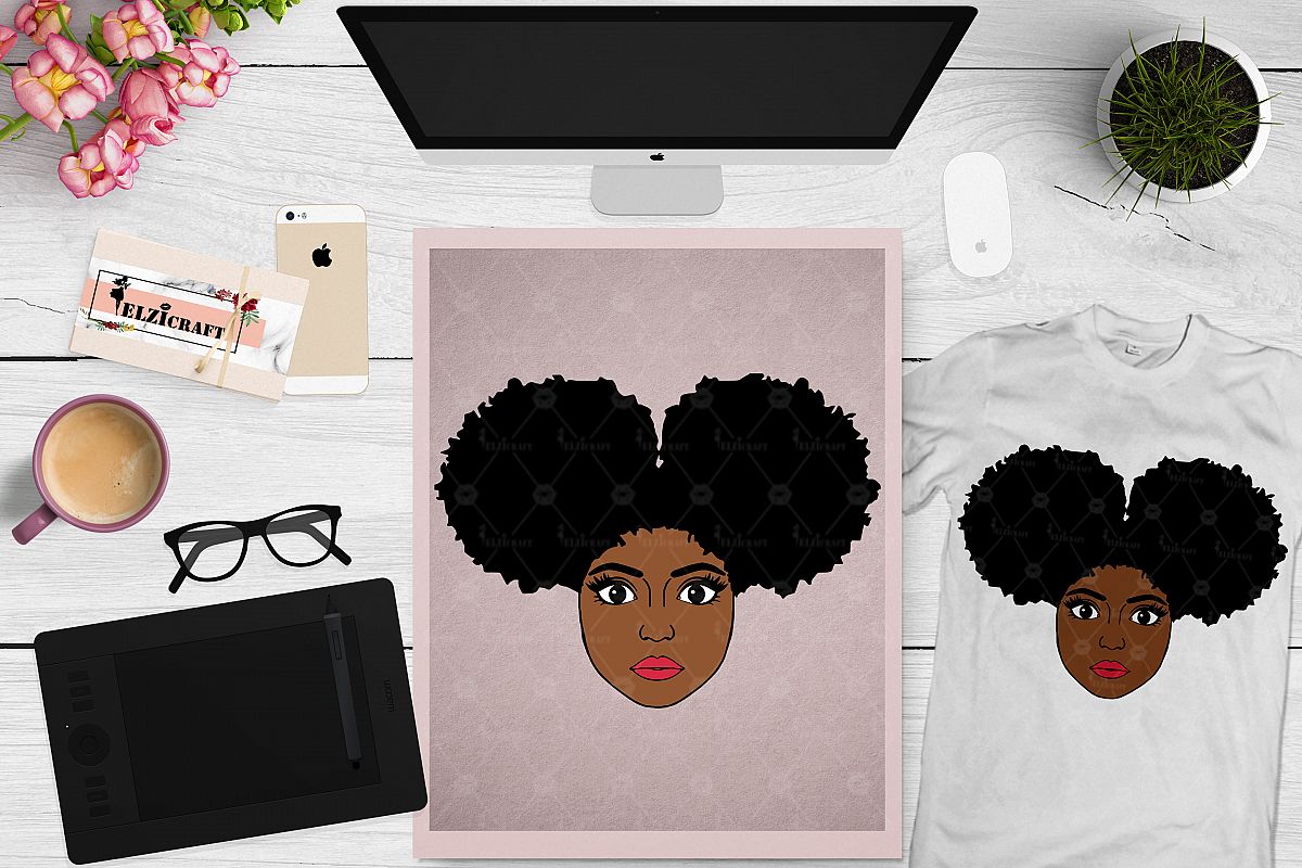Afro Girl, Afro Puff, African American Girl SVG Cut File example image 1