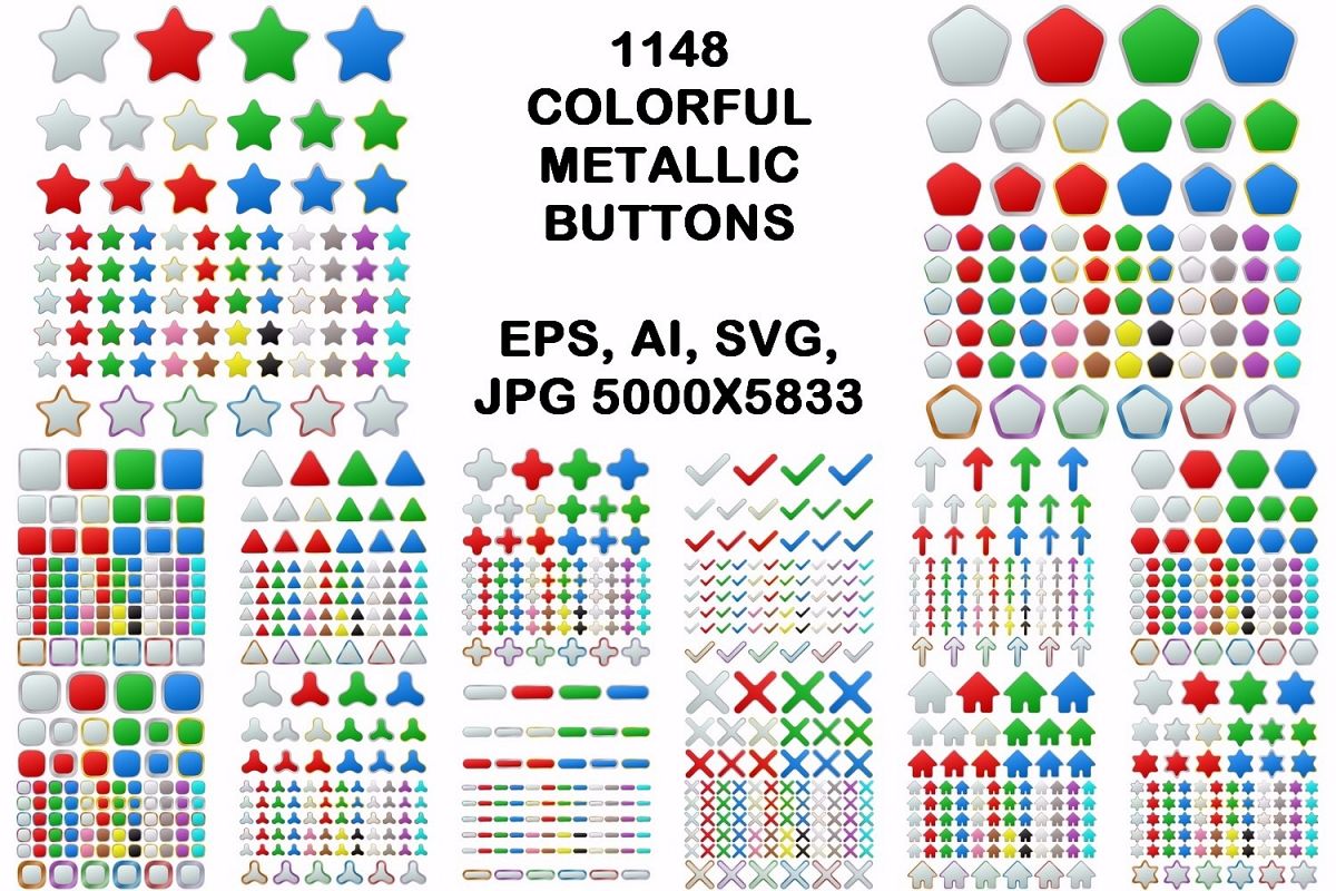 1148 colored geometric metallic buttons (EPS, AI, SVG, JPG 5000x5833) example image 1