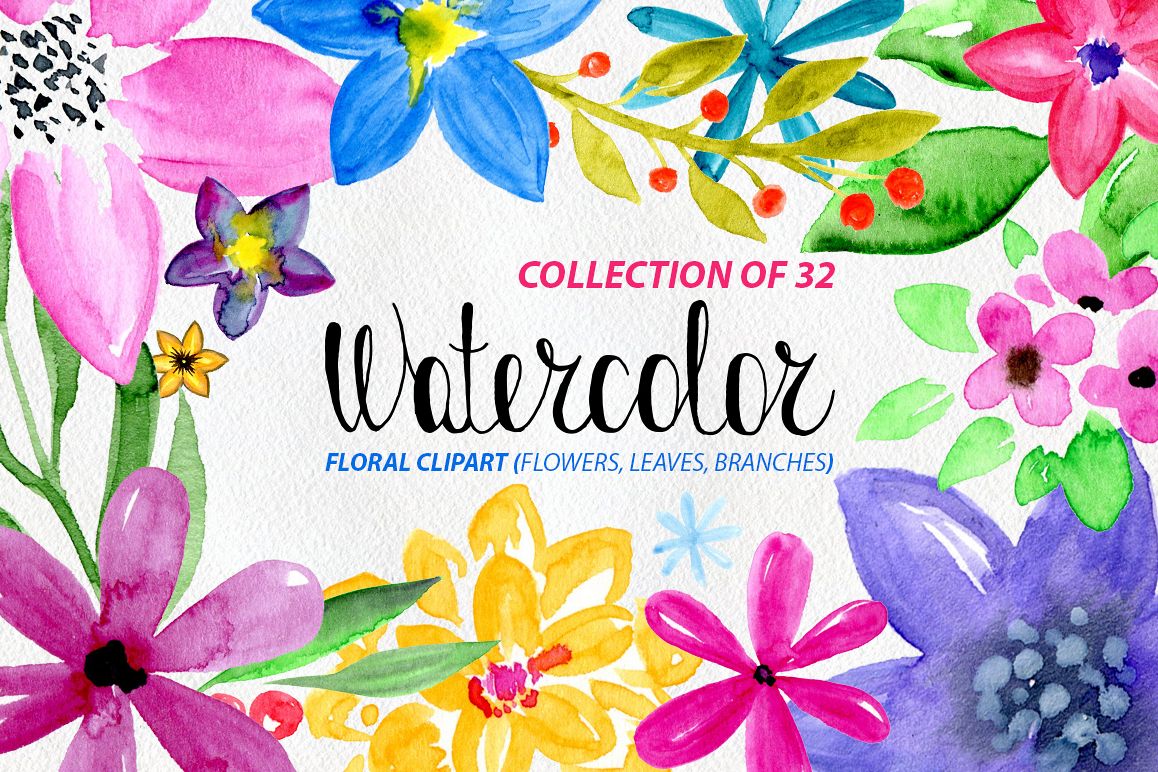 32 Watercolor floral elements: flowers, leaves example image 1