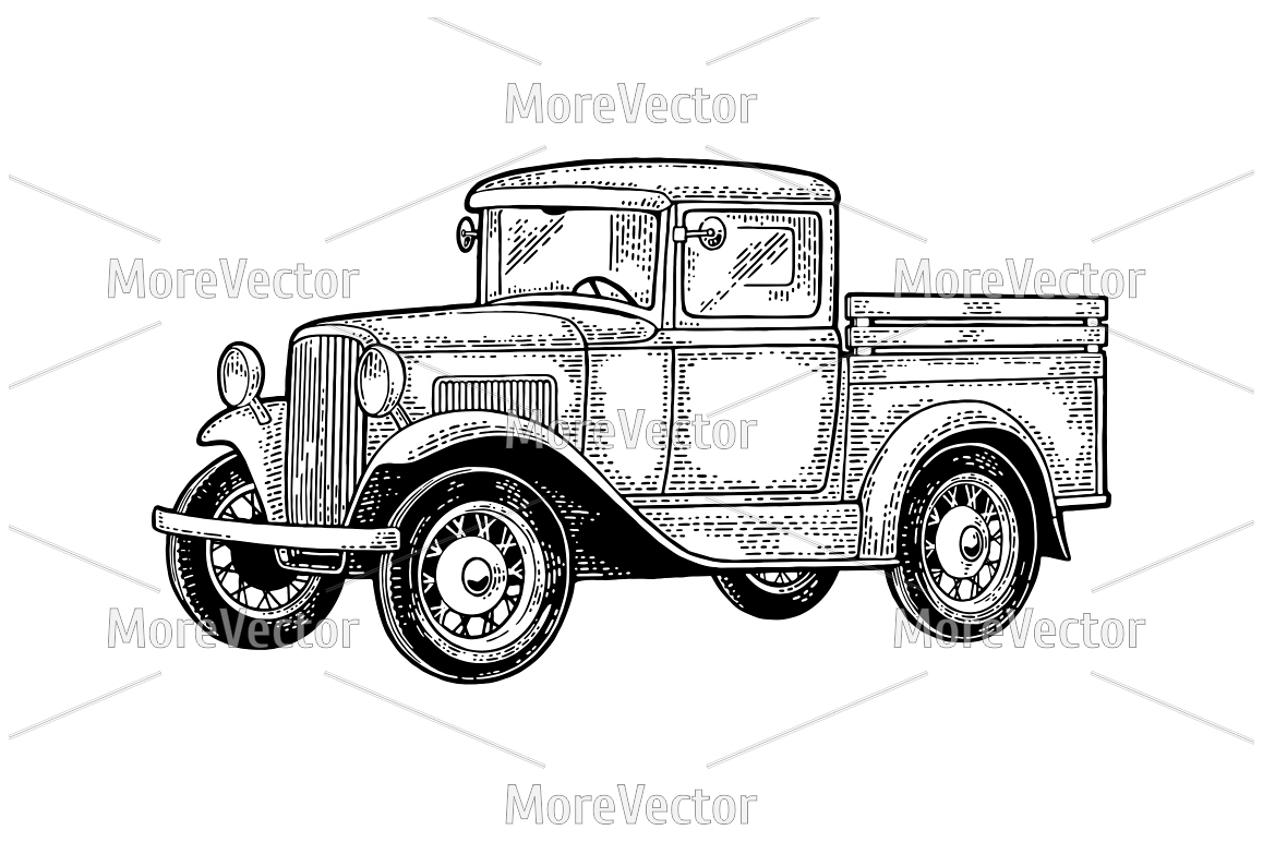 Retro pickup truck. Side view. Vintage black engraving example image 1