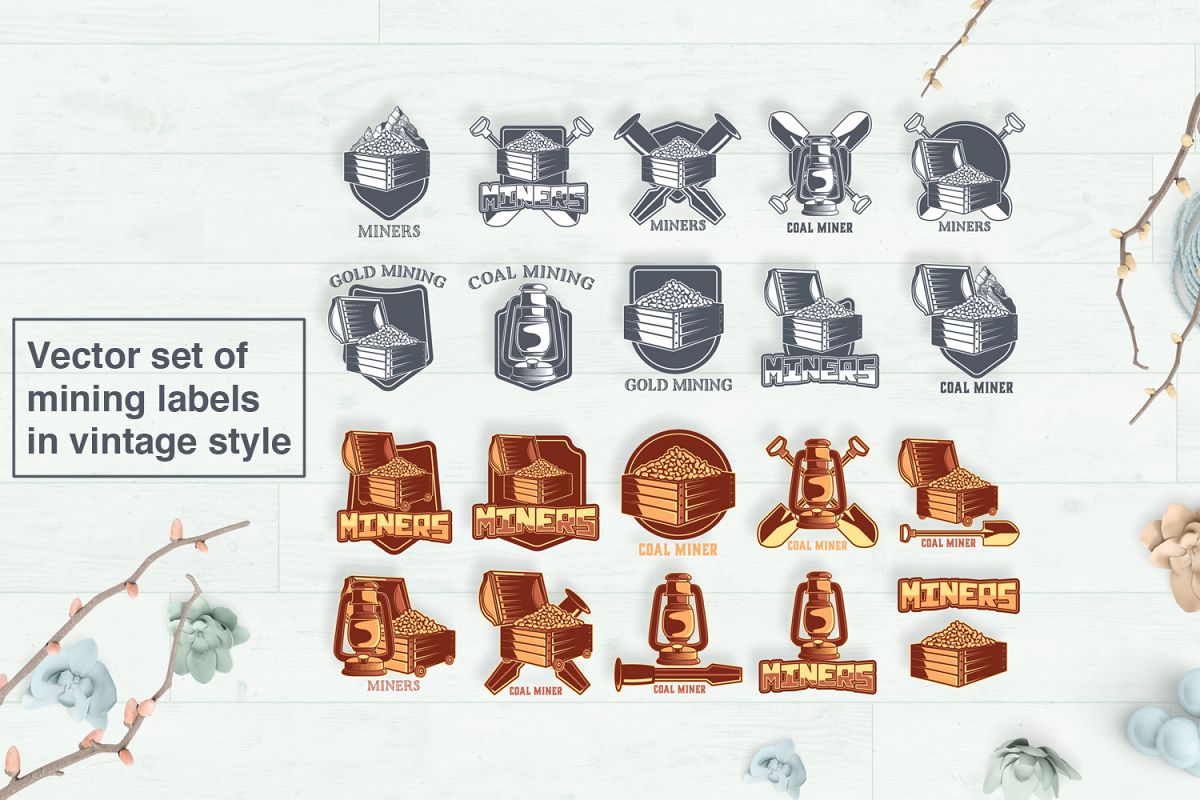 Vector set of mining labels in vintage style example image 1