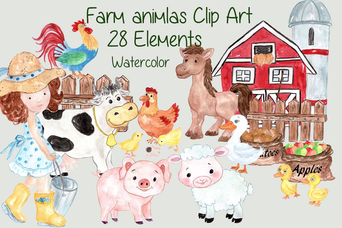 Watercolor farm animals clipart example image 1