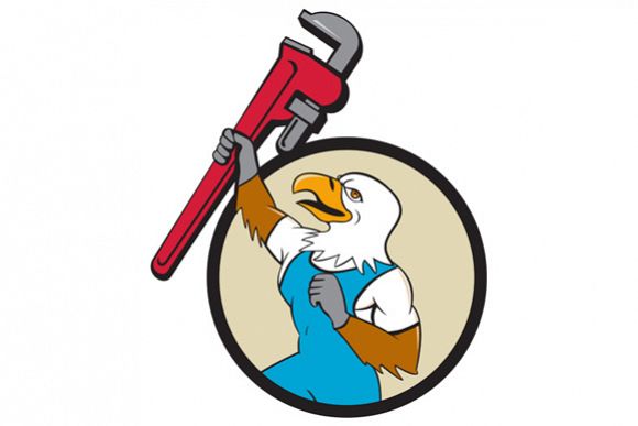 Plumber Eagle Raising Up Pipe Wrench Circle Cartoon example image 1