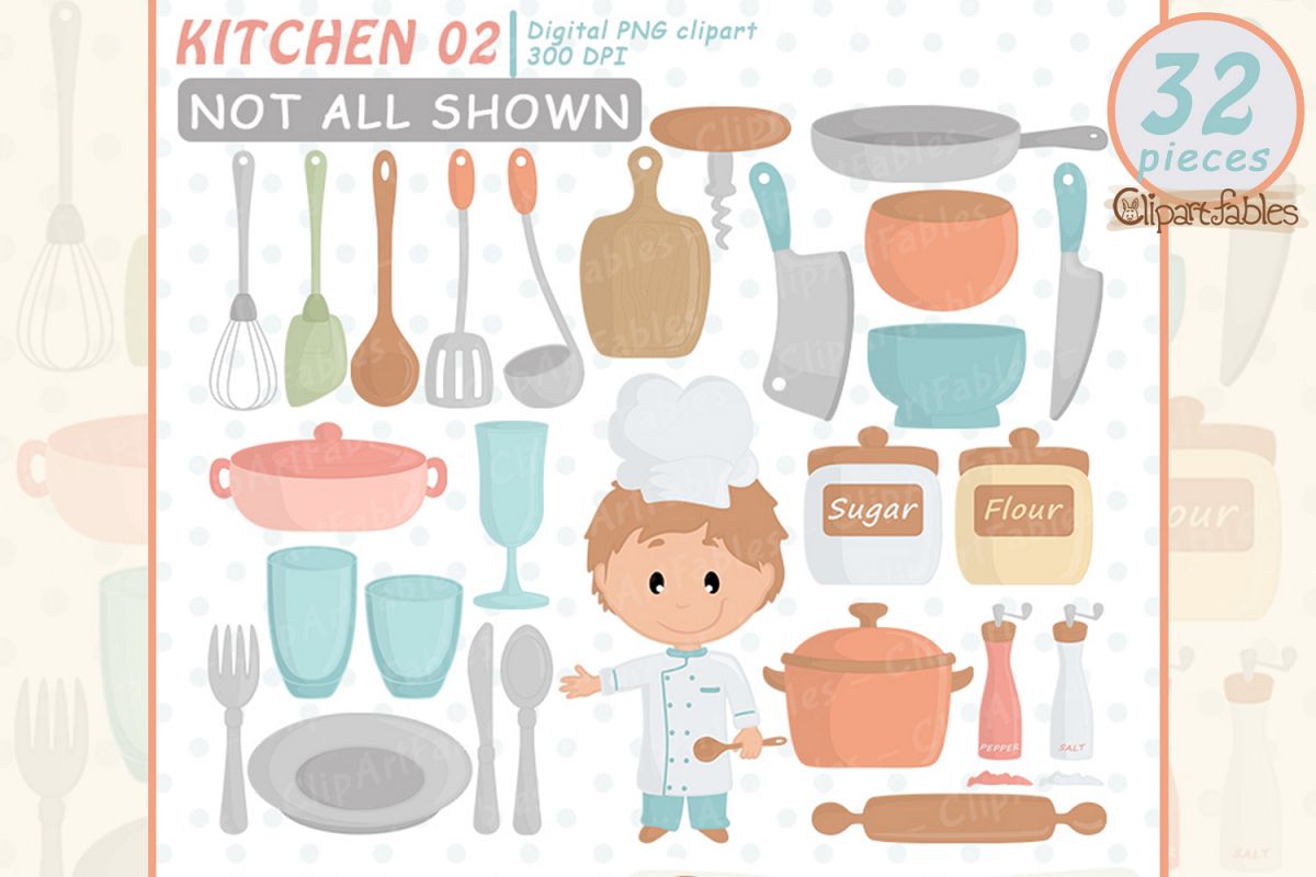 CHEF clipart, Kitchen aid, Cute kitchen party, Cutlery art example image 1
