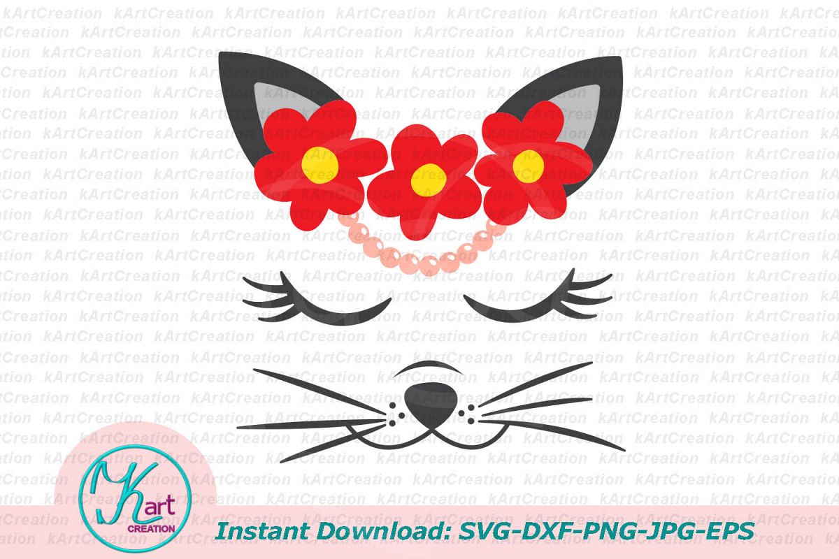 Cat face with flowers eyelashes svg dxf cut file printable example image 1