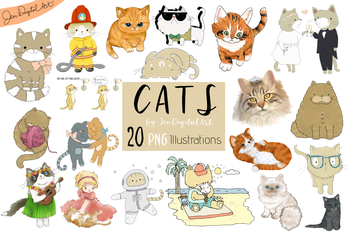 CATS | 20 Assorted PNG Clip Art Illustrations example image 1