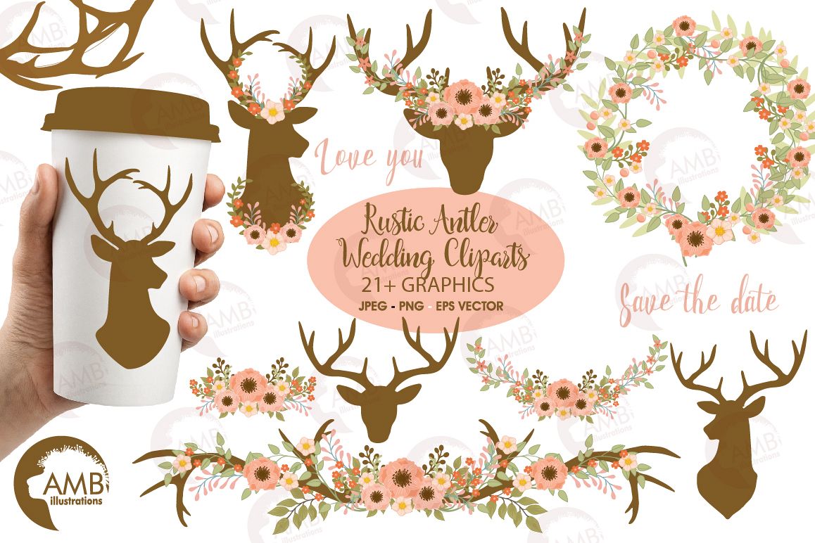 Rustic Antlers and Florals cliparts, graphics and illustrations AMB-1483 example image 1