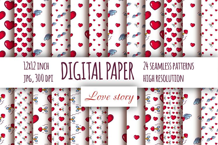 Hearts digital paper. Valentine's day seamless patterns example image 1
