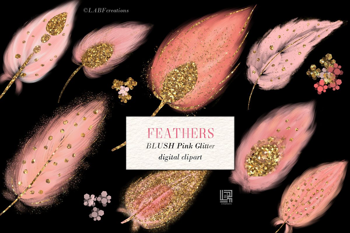 Feathers. Blush pink and Gold glitter. Digital Clipart. | Ha example image 1