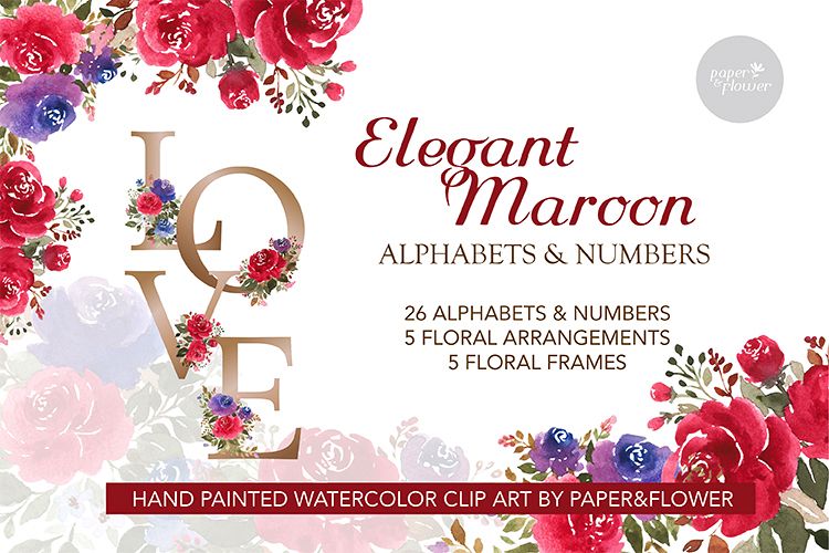 Maroon Rose Watercolor Alphabet Set example image 1