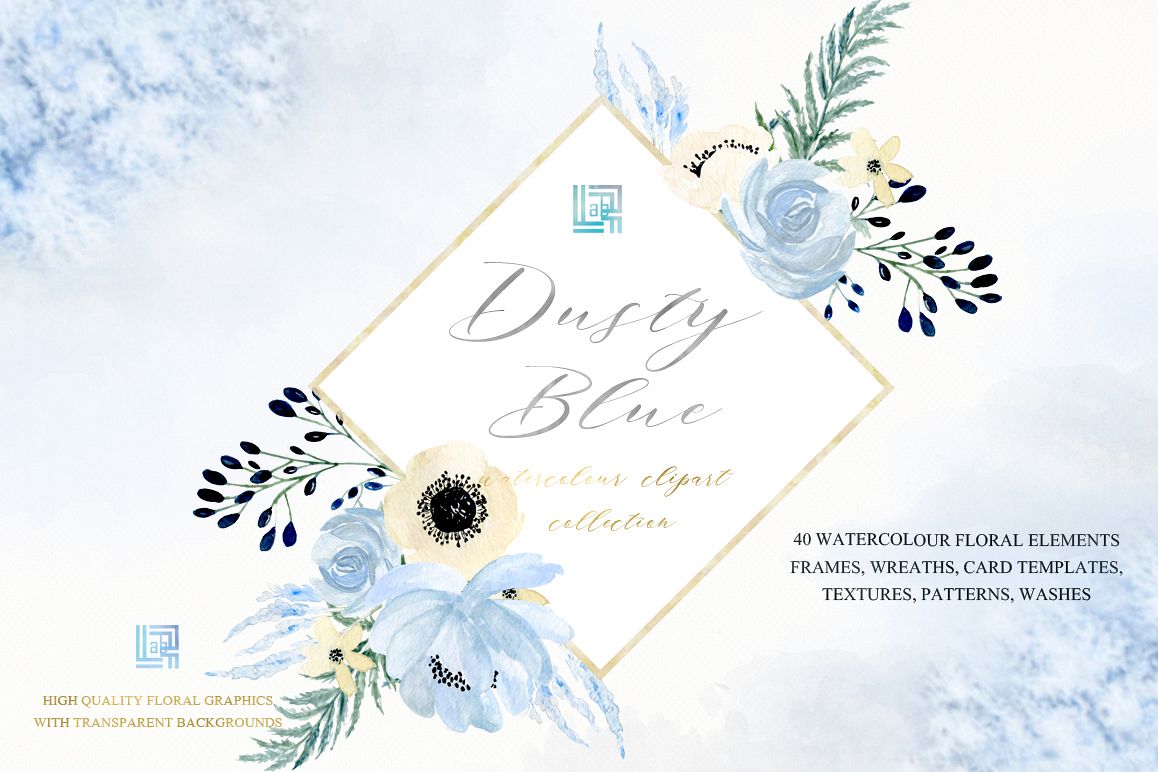 Dusty blue and gold watercolour flowers Digital clipart ...