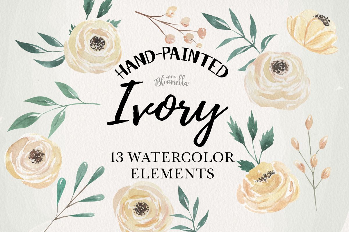 Ivory Watercolor Flowers 13 Elements Florals Leaves Cream example image 1