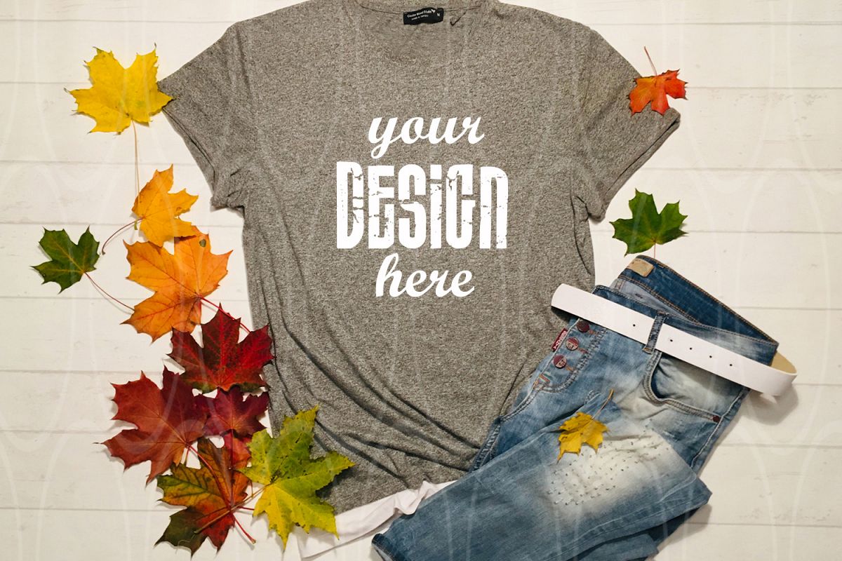 Gray shirt mockup Apparel Mockup Leaves jeans mock-up example image 1