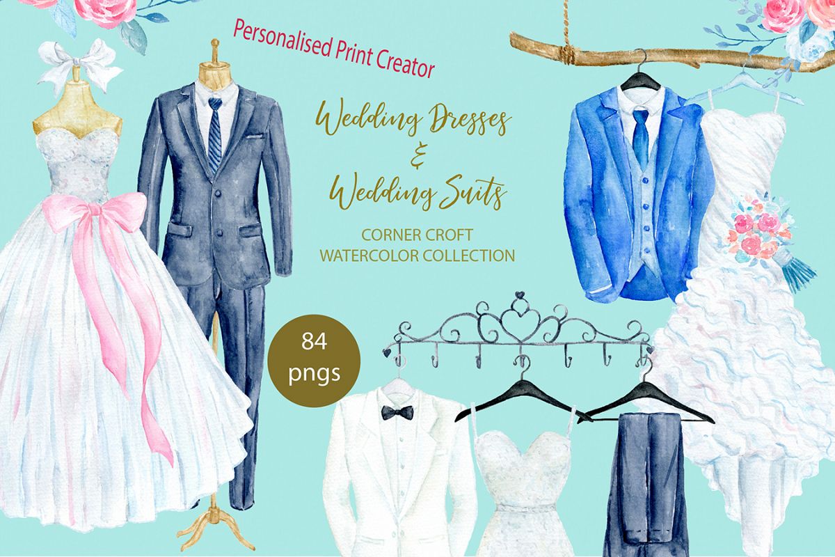 Watercolor wedding outfit on hangers and cloth hooks example image 1