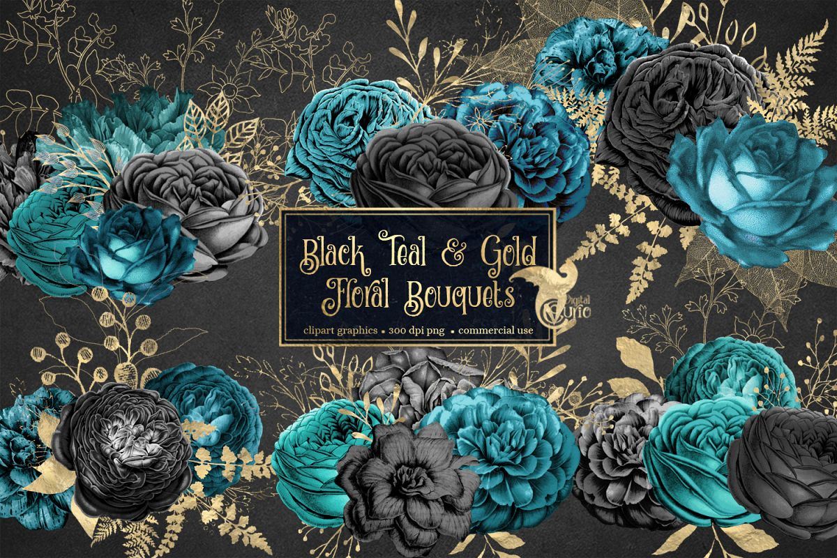Black Teal and Gold Floral Clipart example image 1