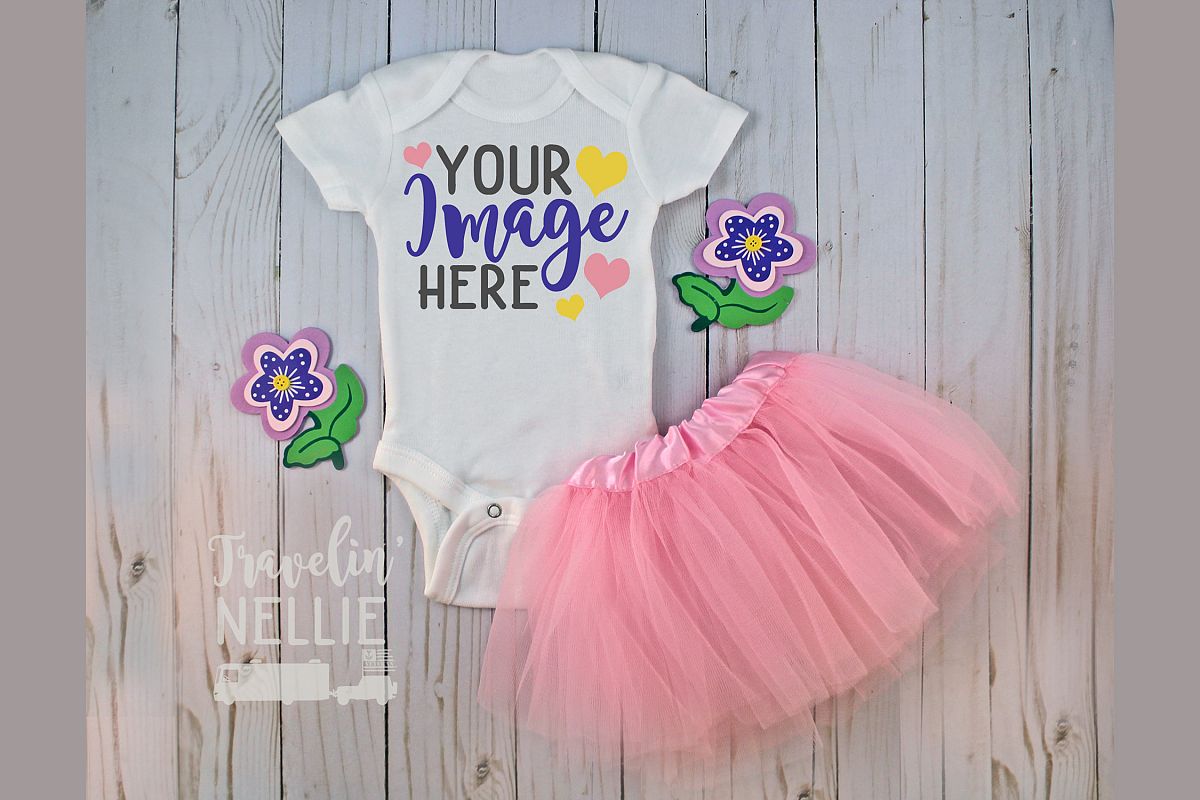 White Bodysuit Mockup One Piece Styled Baby Girl Flower Tutu example image 1