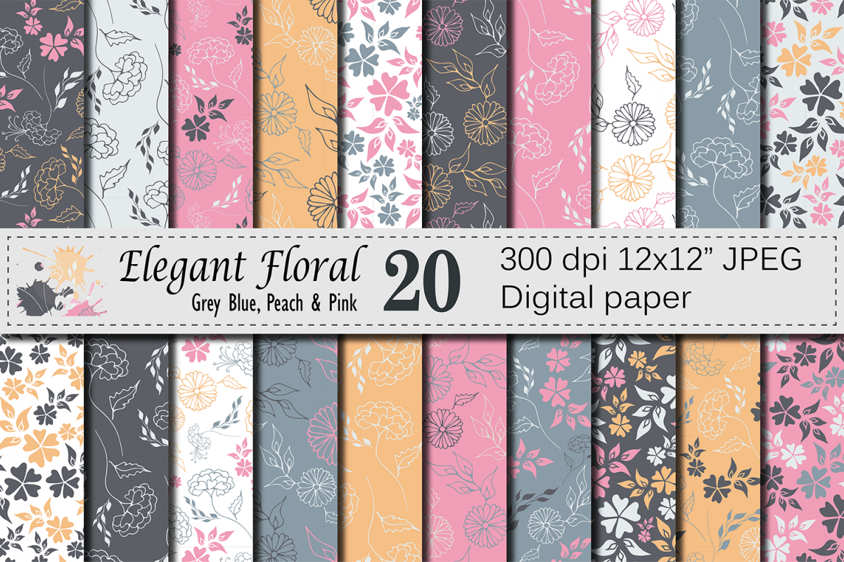 Seamless Elegant Floral Digital Paper with hand drawn flowers - Gray Blue Peach Pink example image 1
