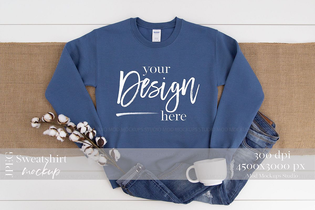 Download Gildan 18000 Mockup | Sweatshirt Mockup INDIGO BLUE (315679) | Mock Ups | Design Bundles