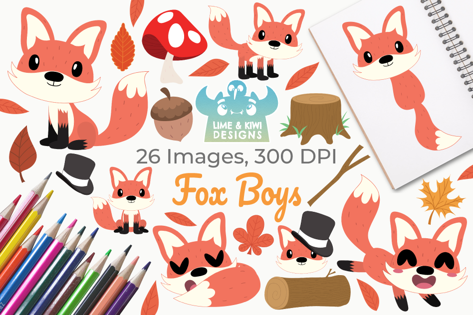 Fox Boys Clipart, Instant Download Vector Art example image 1