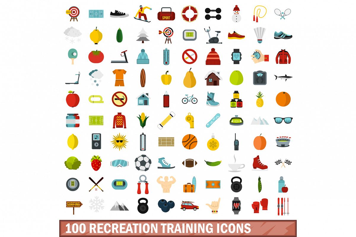100 recreation training icons set, flat style example image 1