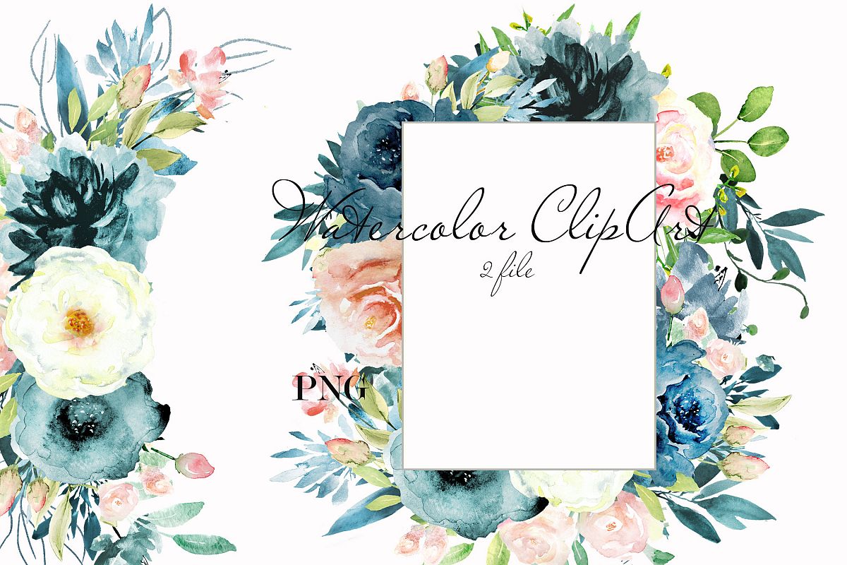 Navy blue & Pink floral watercolor clipart example image 1