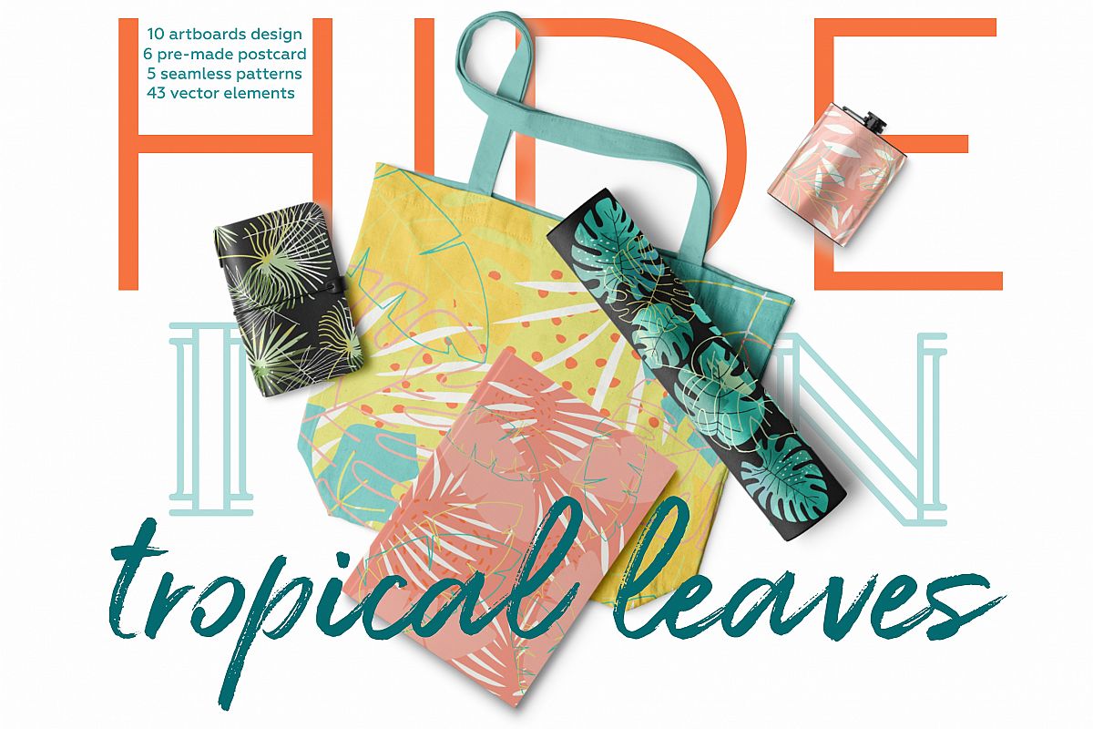 Hide in tropical leaves! Summer hand drawn patterns set example image 1