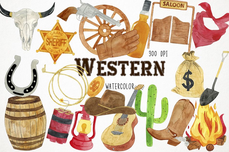 Watercolor Western Clipart, Western Clip Art, Cowboy Clipart (259945