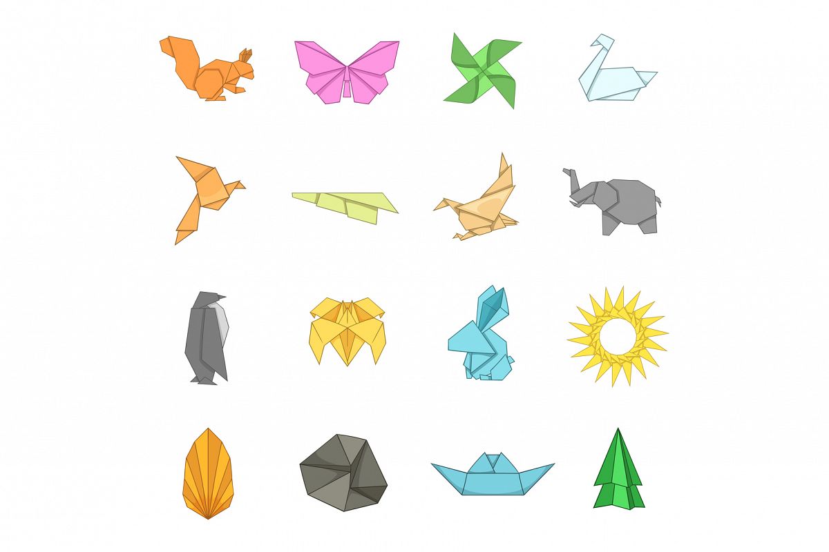Origami icons set, cartoon style example image 1