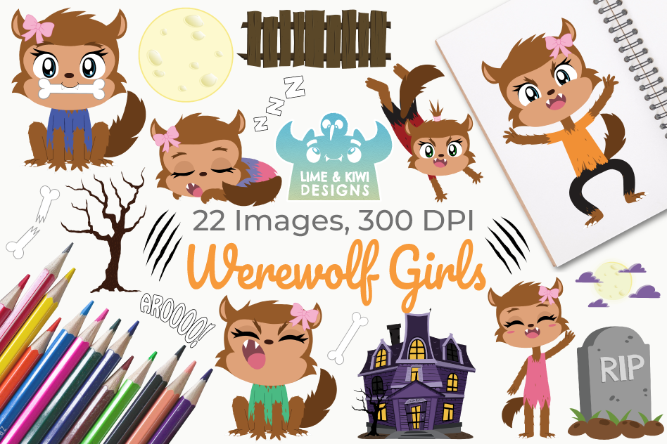 Werewolf Girls Clipart, Instant Download Vector Art example image 1