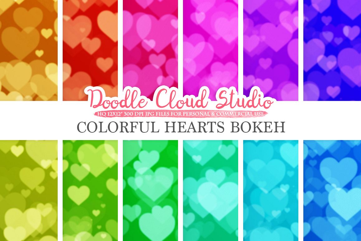Colorful Hearts Bokeh digital paper, Colorful Bokeh Overlay, Rainbow Heart Bokeh backgrounds, Instant Download for Personal & Commercial Use example image 1