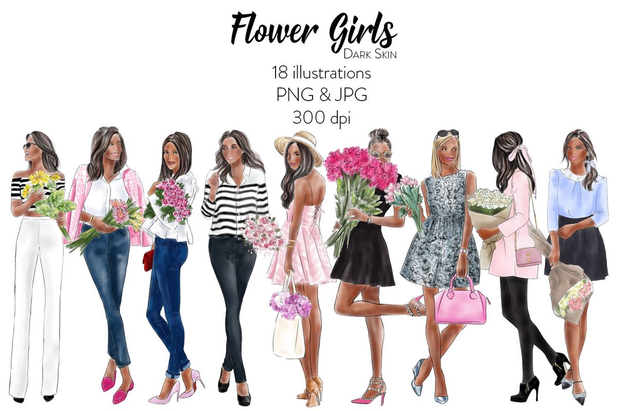 Fashion illustration clipart - Flower girls - dark skin example image 1