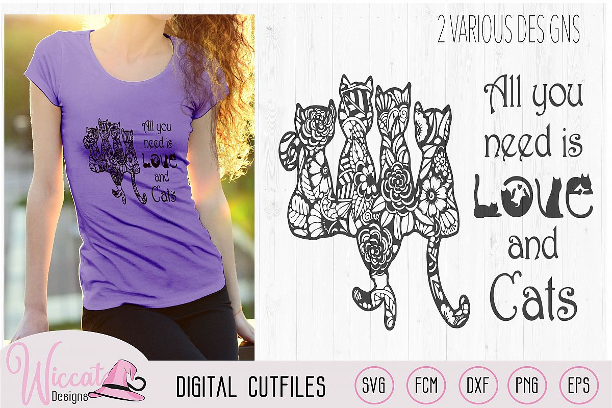 Doodle cats all you need is love, cat quote svg, word art, example image 1