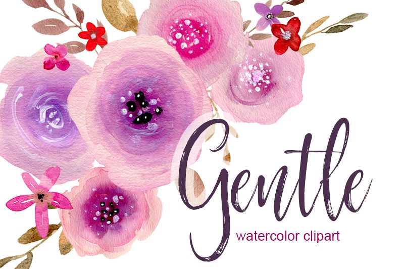 Purple & pink watercolor flowers example image 1