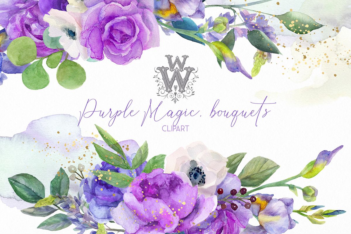 Watercolor purple bouquets clipart wedding arrangement example image 1
