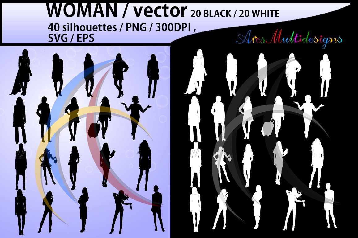 women silhouette / women svg / women clipart / printable women silhouette / standing women / 300dpi / PNG / EPS / SVG /black and white example image 1