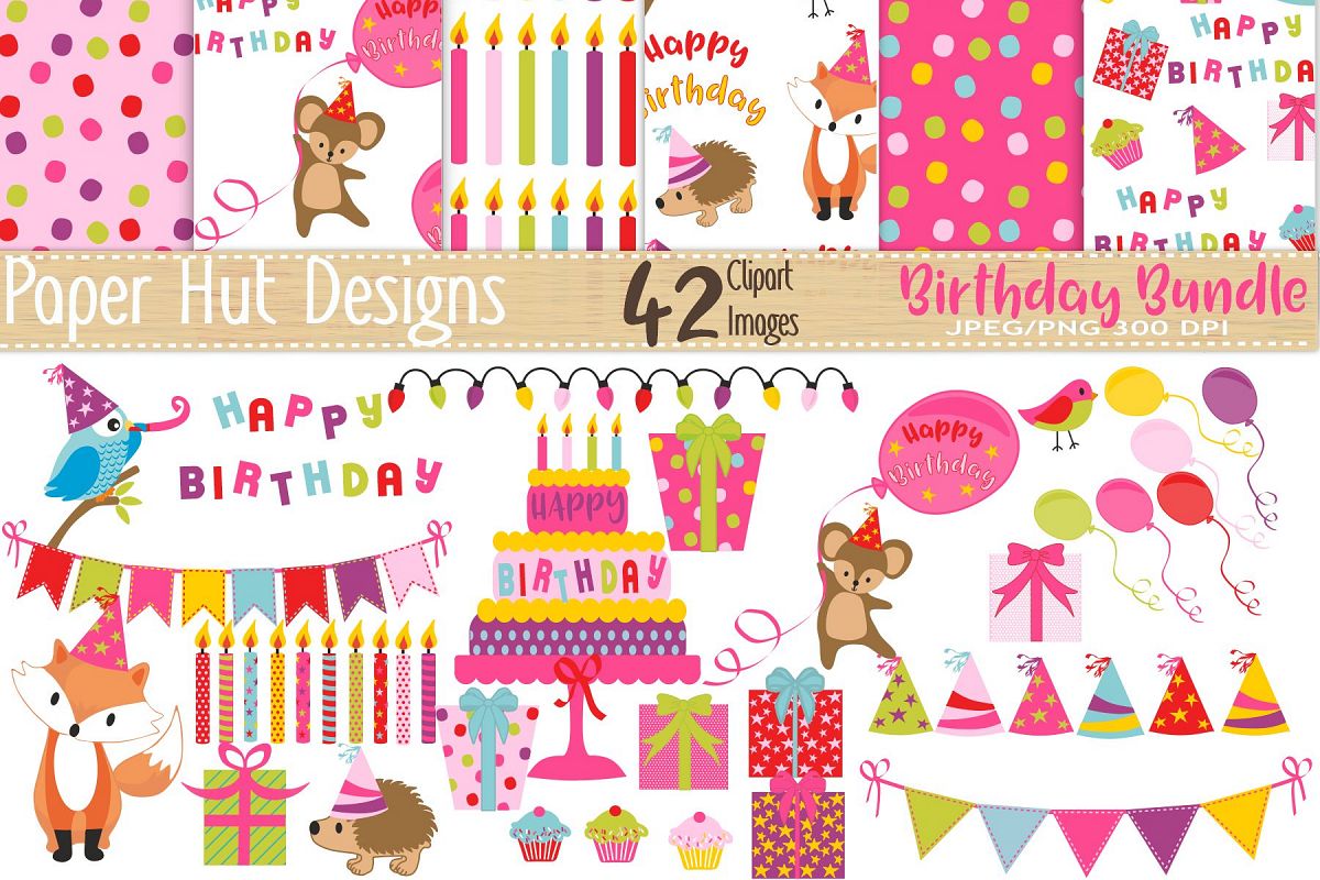 Birthday Girl Clipart and Digital Papers Set example image 1