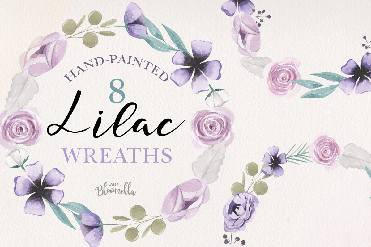 Lilac Wreaths Watercolor 8 Flowers Leaves Purple Berries example image 1