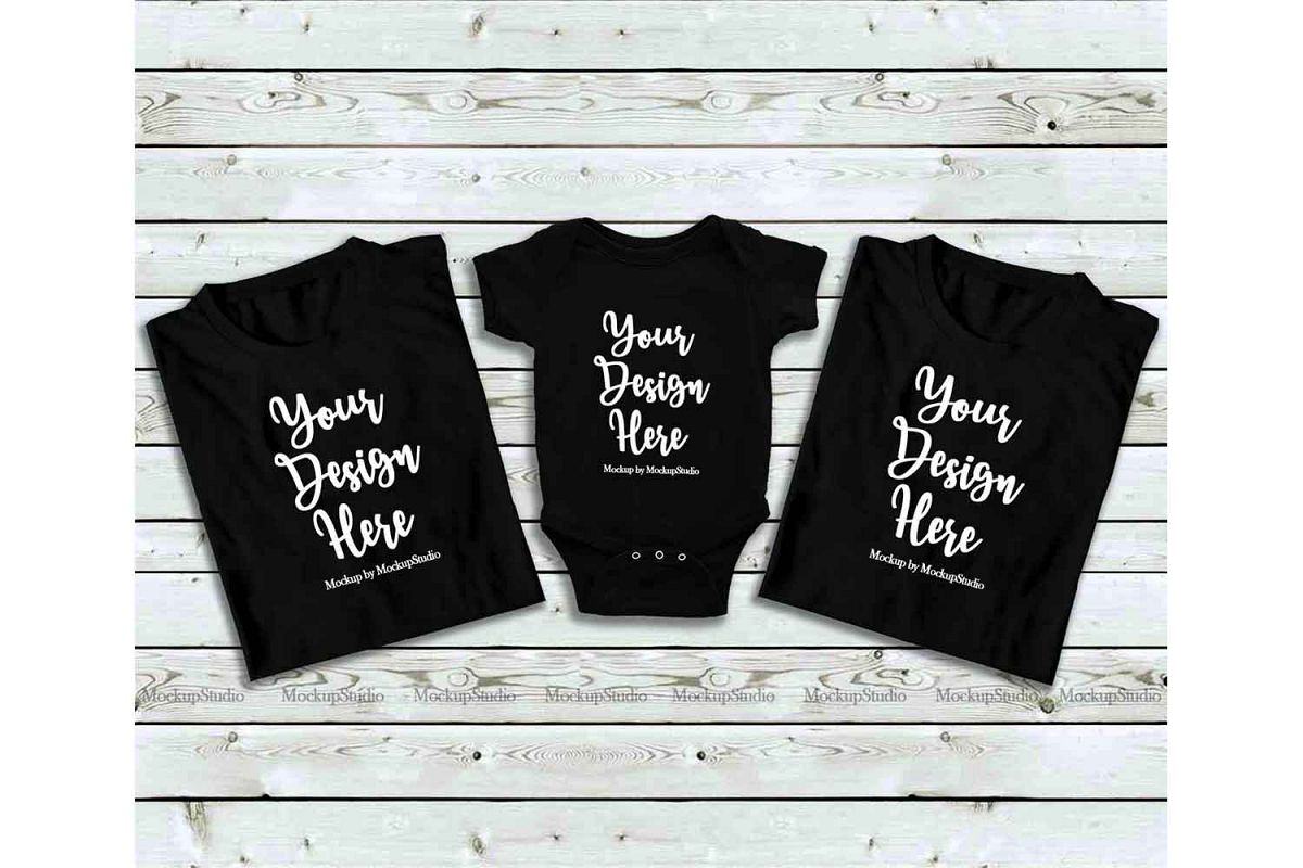Family Black Folded Tshirt Mock Up, Baby Bodysuit Mockup example image 1