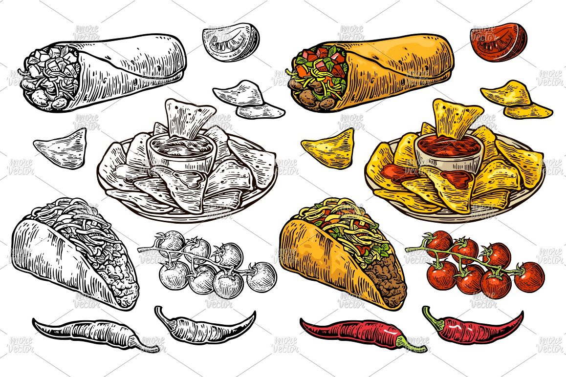 Mexican traditional food set Vector vintage engraving example image 1