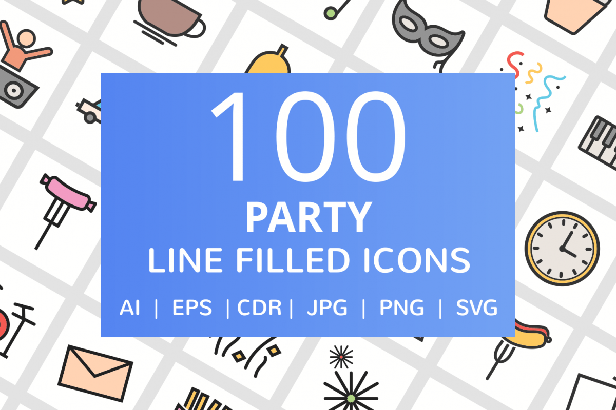 100 Party Filled Line Icons example image 1