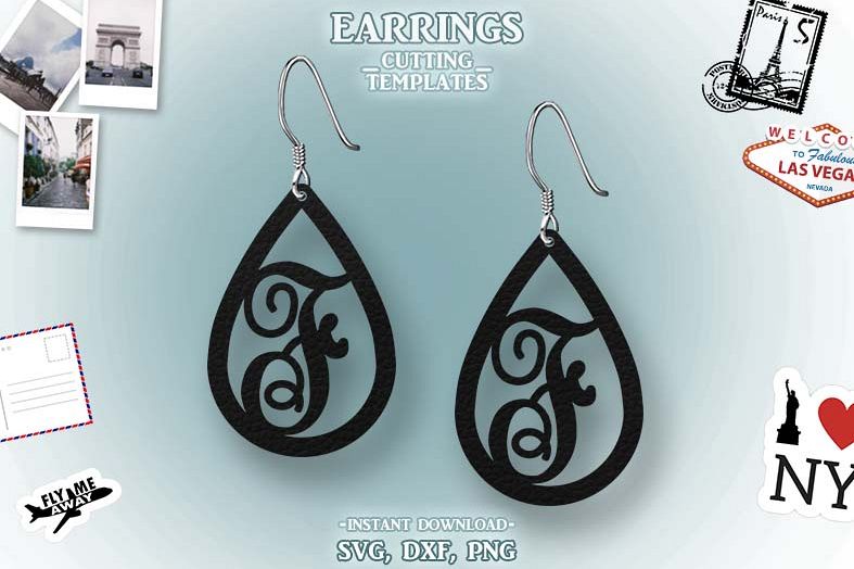 Letter F, Teardrop Monogram Earrings, SVG, Cut File, Cricut example image 1