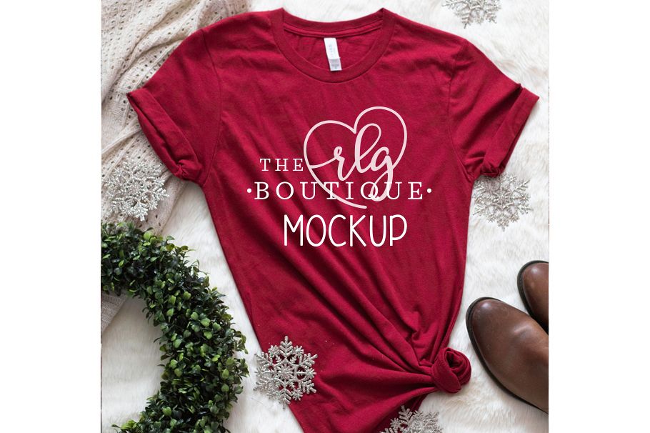 Red Shirt Bella Canvas Mockup, Christmas mockup with wreath example image 1