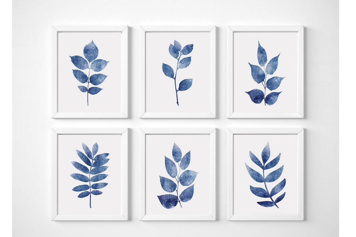 Navy Blue Wall Art Set Of Botanical Prints Leaf Print