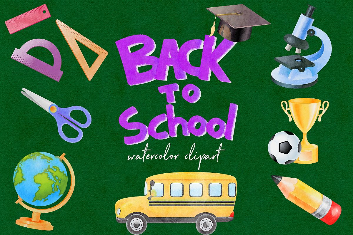 Watercolor School Clipart, Back To School example image 1