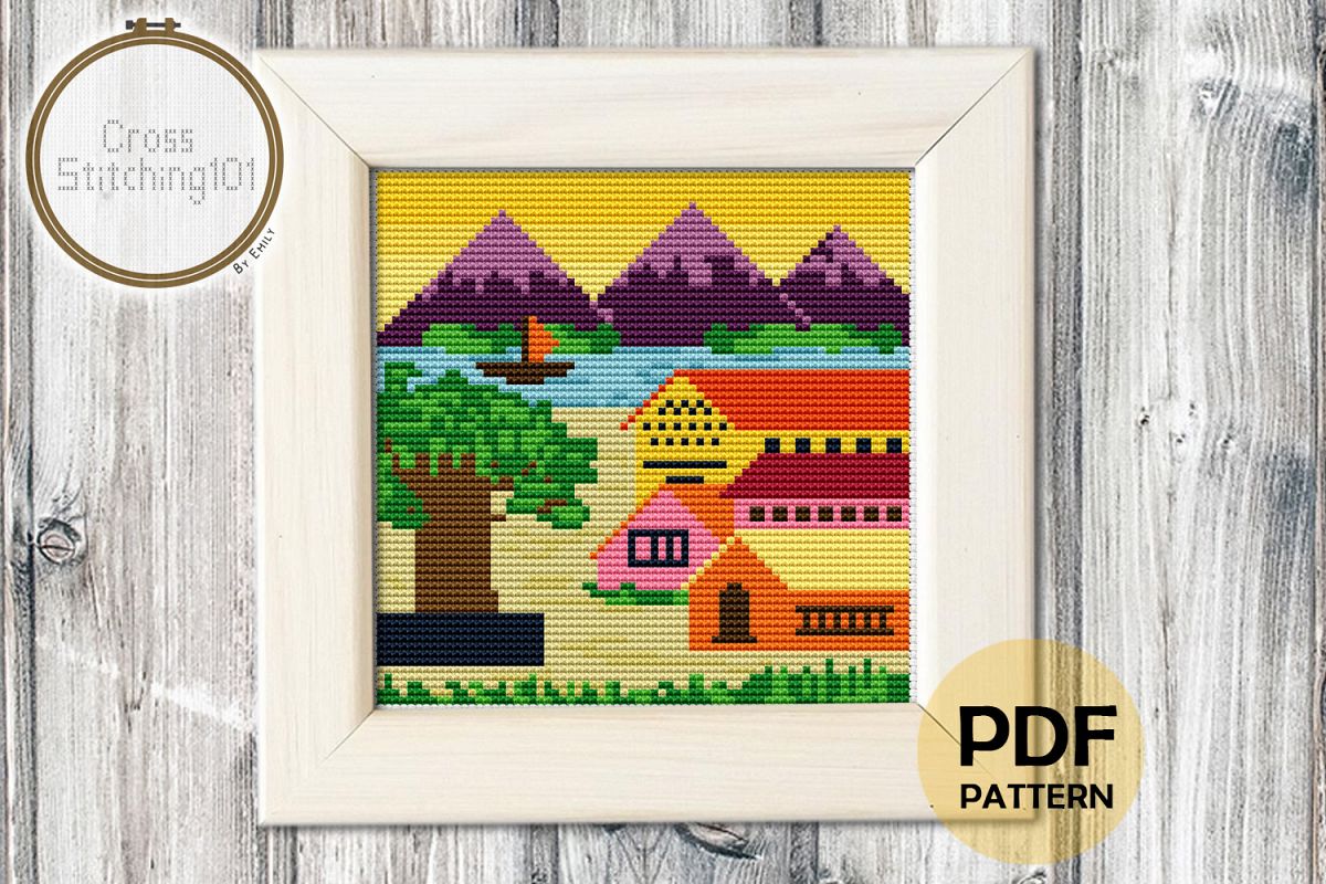 Village Scene Cross Stitch Pattern - Instant Download PDF example image 1