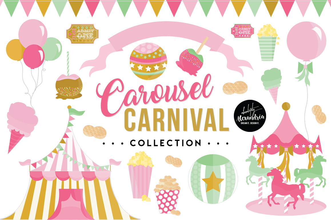 Carousel Carnival Clipart Graphics & Digital Paper Patterns Bundle example image 1