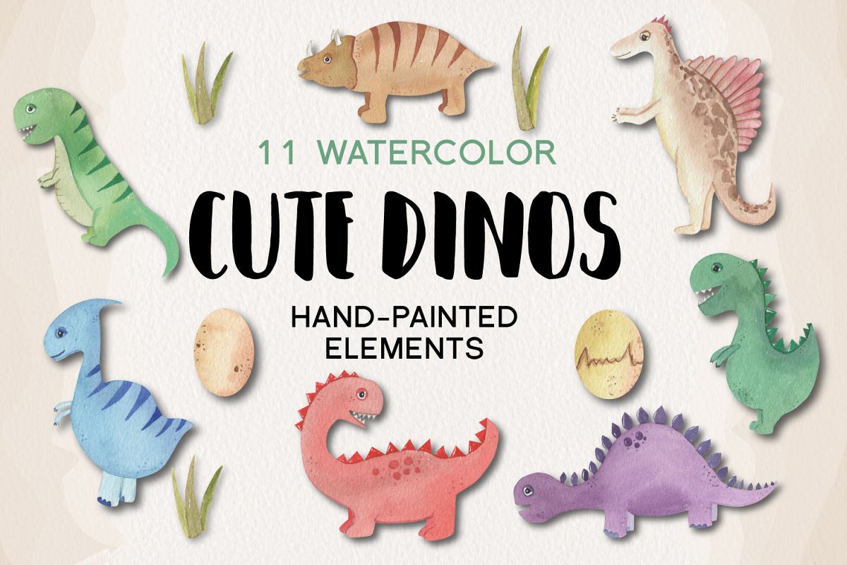 Cute Dinosaur 11 Hand Painted Watercolor Dino Eggs Trex example image 1