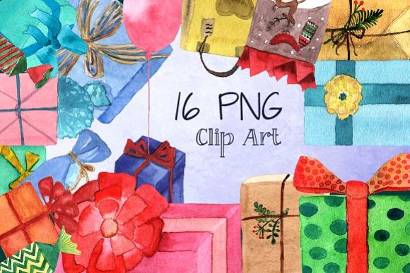 16 PNG Watercolor Presents Clip Art example image 1